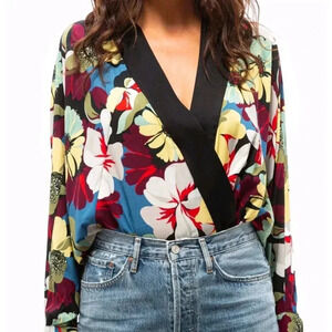 NEW Smythe Viscose Blocked Kimono Blouse Size XS Multicolor Floral Black Trim
